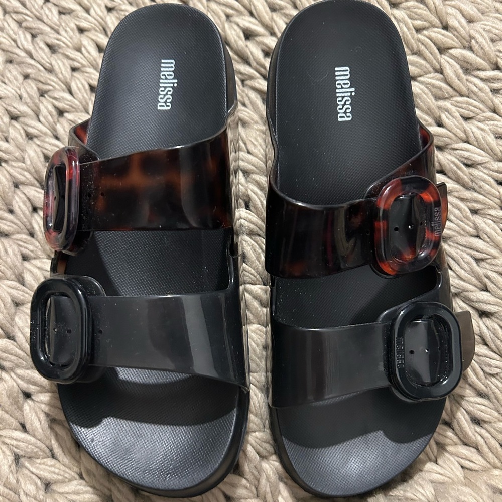 Melissa Black and Tortoise Buckle Slides